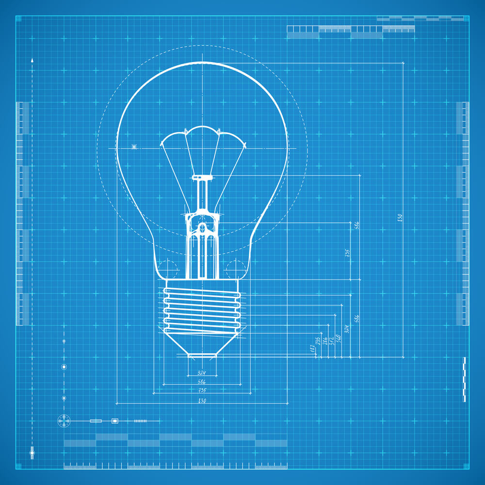 Blueprint of bulb lamp. Stylized vector illustration.