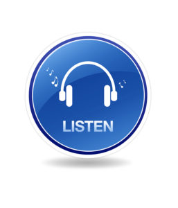 High resolution graphic of an listen icon with head phones and notes.